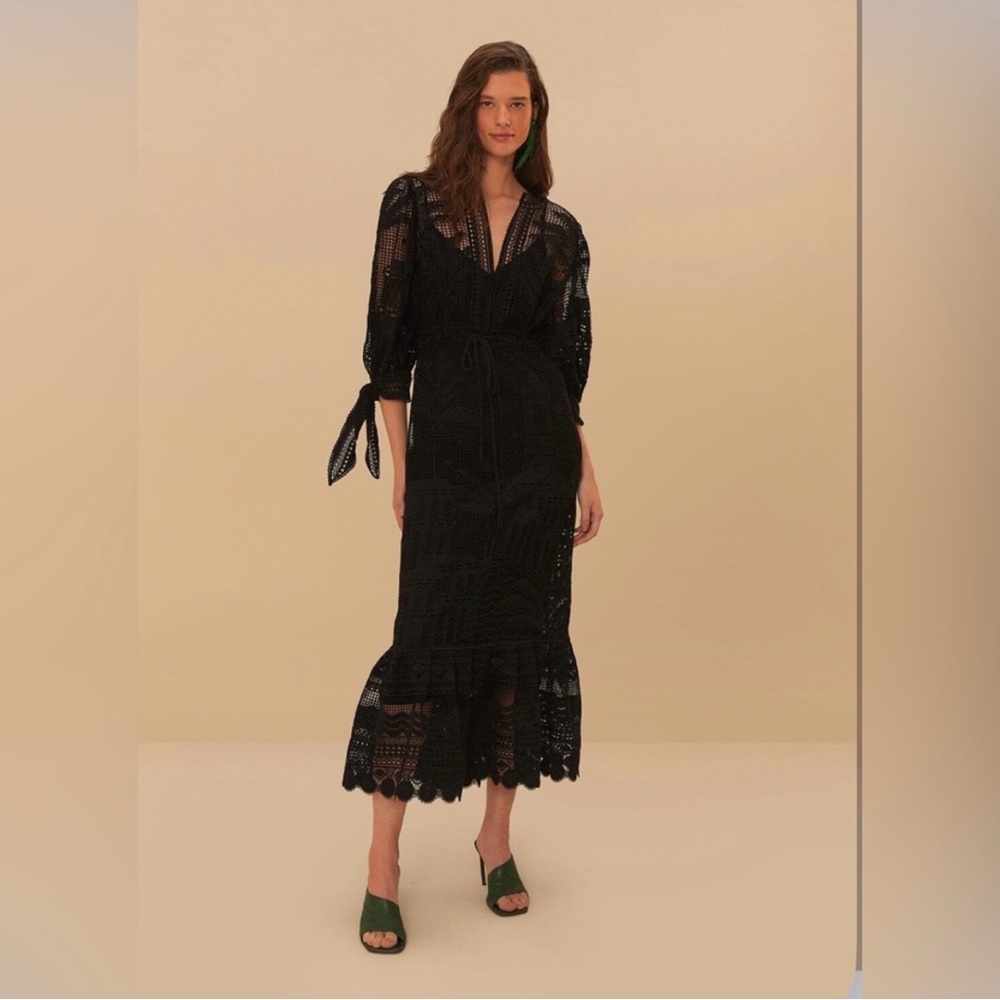 NWT. Black Morada Boa Guipure Maxi Dress